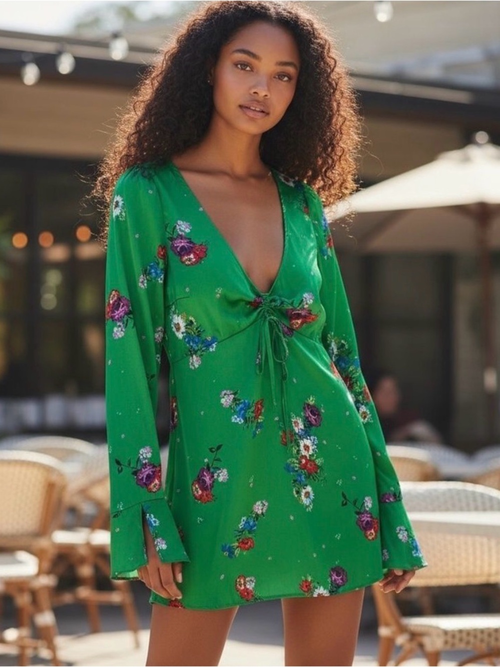Free People Green Floral bell sleeves Mini Dress